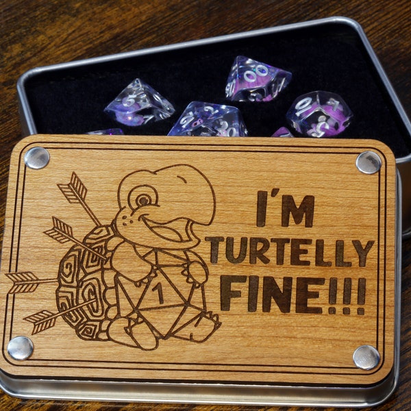 I'm Turtelly Fine!!! dice box and turtle dice set, Role Playing games dice, dungeons and dragons, Exclusive  set, Dice set for DnD