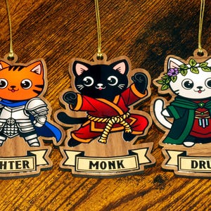 Fighter, Monk and Druid Cat wood ornaments, DnD, TTRPG Home Decor, Christmas decoration