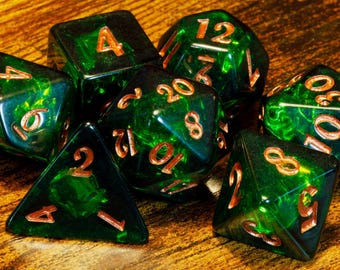 Verdant Opal Dice Set – Dark Green with Holographic Foil for DnD and Role-Playing Games