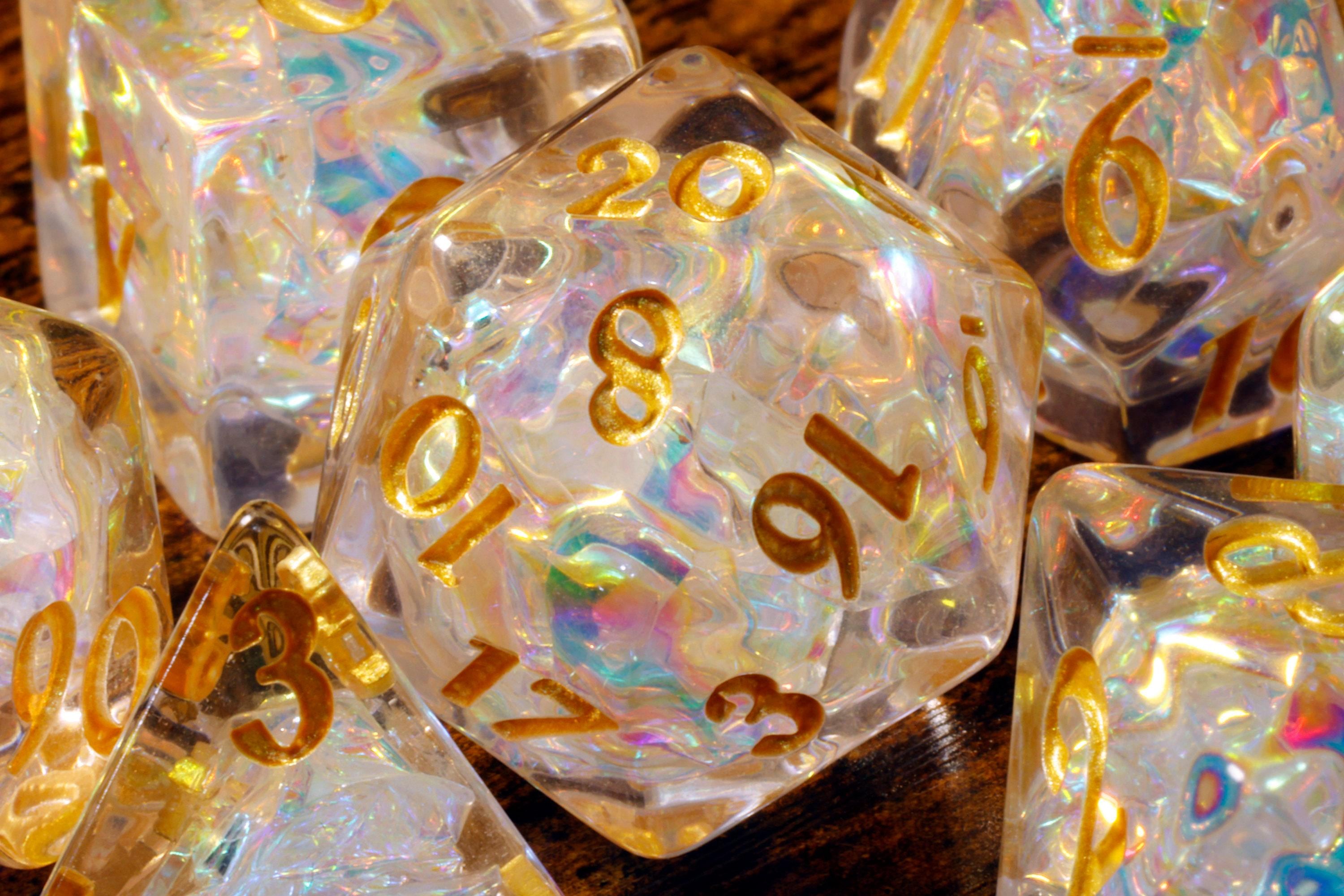 Sacred Opal Dice Set – Clear Translucent with Holographic Foil, TTRPG Game Kit for DnD and Role-Playing Games
