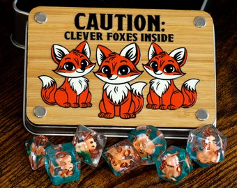 Fox dice box and dice set, Transparent with red fox cub on a green glittery layer, Role Playing games dice, dungeons and dragons