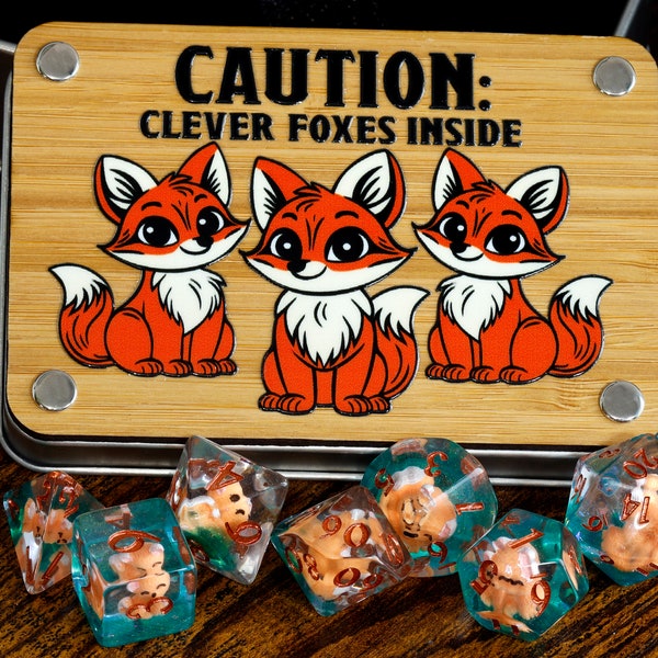 Fox Dice Set & Decorative Box – Dice with Red Fox on Green Glittery Layer, For TTRPG DnD and Tabletop Role-Playing Games