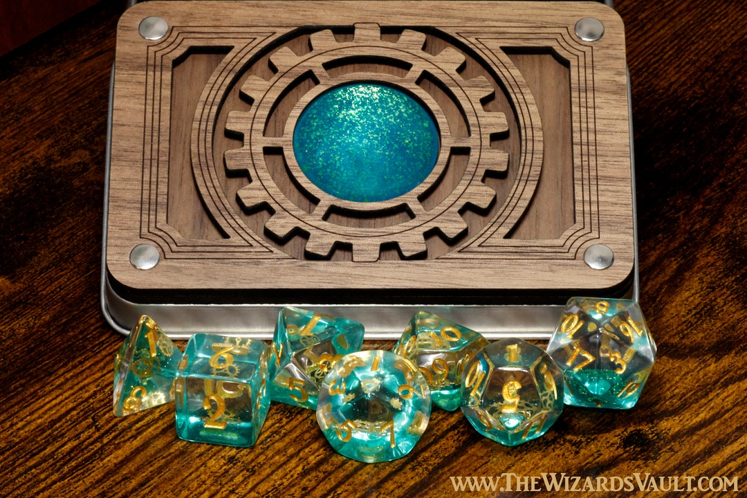 Steampunk Dice Box With Turquoise Glass Gem and Ethereal Sprockets Set