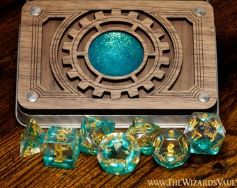 Steampunk Dice box with turquoise glass gem and Ethereal Sprockets set with small golden gear inclusions, Turquoise green glittery layer