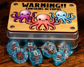 Octopus Dice Box and Dice Set with Octopus Inside on Blue Layer, TTRPG Game Kit for DnD and Role-Playing Games, Tabletop RPG Accessory