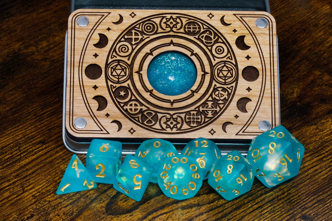 Celestial Dice Box and Dice Set Set, Seafoam Green Holographic