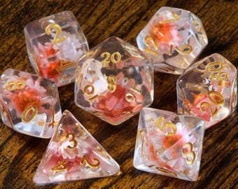 Sprite Bloom Dice Set – Pink Flowers with Golden Font, Translucent with Real Flowers, TTRPG Game Kit for DnD and Role-Playing Games