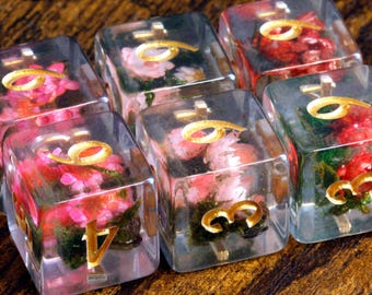 May include: A set of six clear resin dice, each containing embedded pink and red flowers with green moss. The dice feature gold-colored numbers engraved on the faces, with visible numerals including 6, 4, and 3, showcasing a transparent cube design.