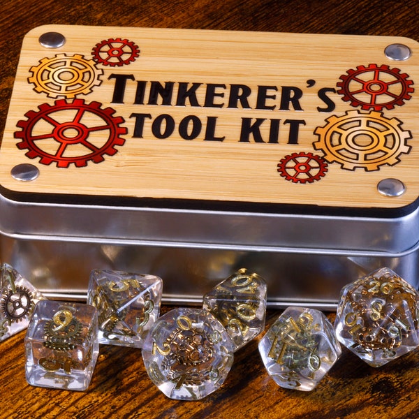 Tinkerer's Tool Kit Box and Dice, Steampunk dice set with gear inclusions,  with copper bronze cog, Tabletop Role Playing games