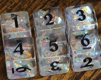 Icy Opals D6 dice - Clear with Holographic inclusions, Iridescent acrylic film, DND Dice,  Translucent with holo glitter