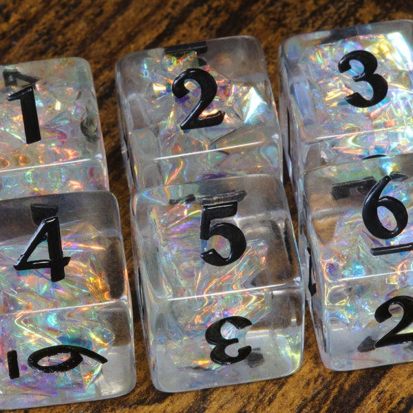 Icy Opals D6 dice - Clear with Holographic inclusions, Iridescent acrylic film, DND Dice,  Translucent with holo glitter