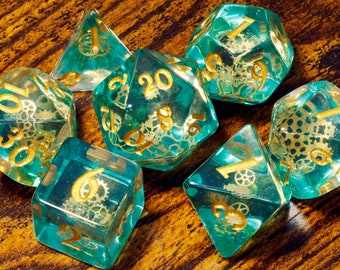 Ethereal Sprockets set with small golden gear inclusions, Turquoise green glittery layer,Steampunk dice for gnomes, artificers and tinkerers