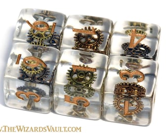 Gnome Tinkerer D6 Dice – Steampunk-dobbelstenen met tandwielinsluitsels en bronzen koperen tandwielen