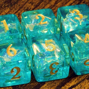 Ocean Opal D6 dice - turquoise green Holographic inclusions , Translucent with holo glitter, Dice DnD
