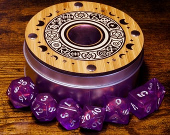 Celestial ronde dobbelsteendoos Eldritch Opal Dice Set: paarse holografische insluitsels, doorschijnend met holofolie | Gamekit dobbelstenenbox