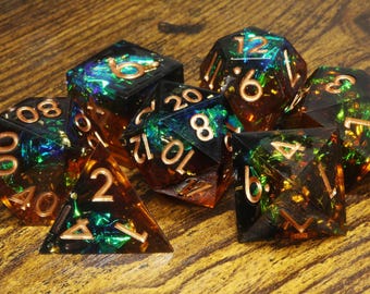 Sylvan Sanctuary dice set TTRPG Game KIT - Brown and green sharp edge dice set with holographic foil inclusions