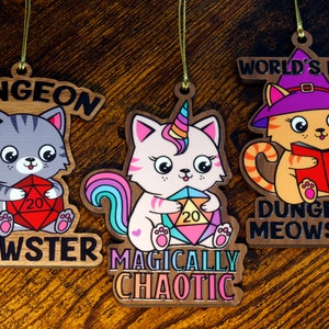 TTRPG cat wood ornaments, D20 ornaments, DnD, TTRPG Home Decor, Christmas decoration