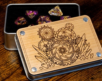 Dice storage box with Arcane Sprockets  set with golden gears, Steampunk dice for gnomes, artificers and tinkerers. Exclusive dice