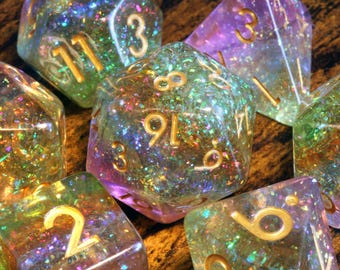 Rainbow Sparkle Dice Set with Multicolored glitter layer for Dungeons & Dragons and role-playing games