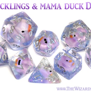 Purple duck dice set and large Mama duck D20, Transparent with light purple duck inside, dungeons and dragons, Exclusive  set