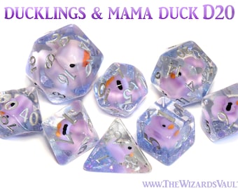 Purple duck dice set and large Mama duck D20, Transparent with light purple duck inside, dungeons and dragons, Exclusive  set