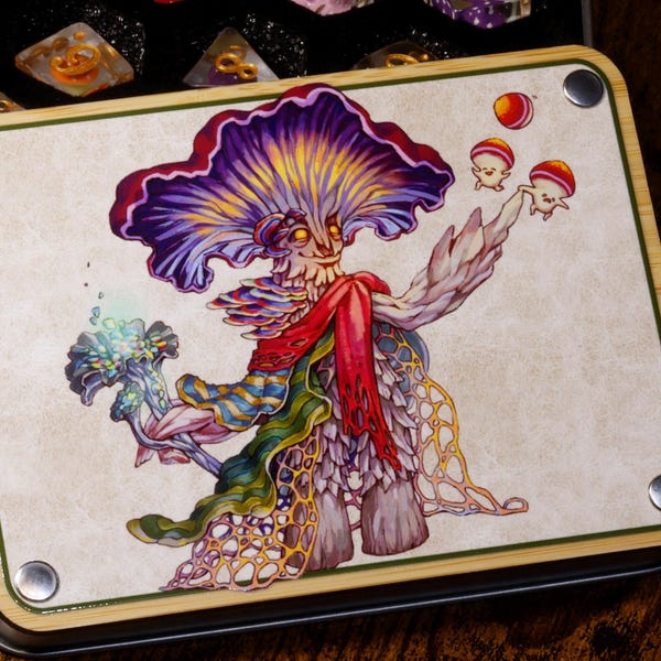 11-Piece Mushroom Dice Set with Dice Vault – Featuring Mushroomfolk Druid Cover Art | Elderwild Realm Collection