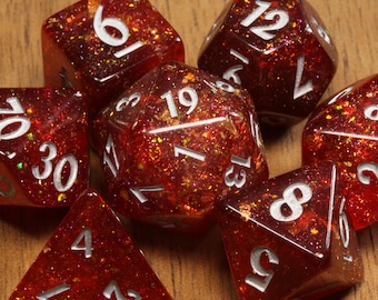 Magma Core Dice Set – Fiery Red Translucent with Holographic Glitters