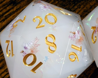Serenity Bloom D20 - Extra Large D20 - Oversized White Sharp Edge dice with flower pattern for DnD  - TTRPG Game Kit