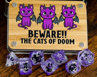 Beware !!! The cats of doom dice box and Dice set -  Dice set with winged cats, Dice for Pathfinder and DnD Role playing games, DnD dice