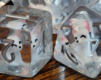 Fox Family dice set, Transparent with white fox cub inside and large Mama fox D20, Role Playing game kit, TTRPG, Tabletop Adventure Set