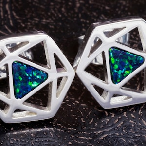 D20 Dice stud earrings, Dice earrings with dark blue black opal, TTRPG jewelry,