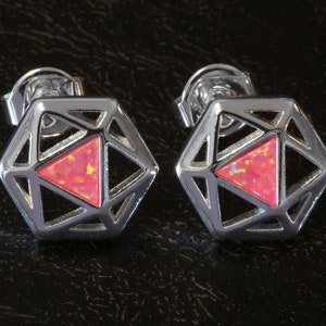 D20 Dice stud earrings, Dice earrings with pink opal, TTRPG jewelry,