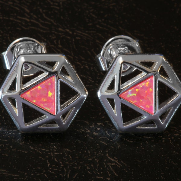 D20 Dice stud earrings, Dice earrings with pink opal, Dungeons and dragons jewelry, D&D accessories