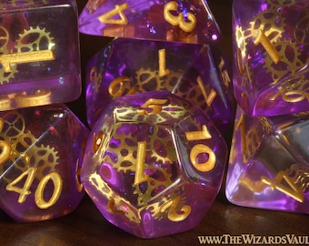 Arcane Sprockets  set with small golden gear inclusions, Purple glittery layer,Steampunk dice for gnomes, artificers and tinkerers