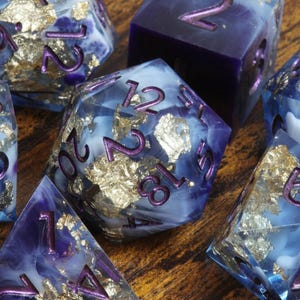 Majestic Twilight dice set TTRPG Game KIT - sharp edge with deep purple and white gold flakes