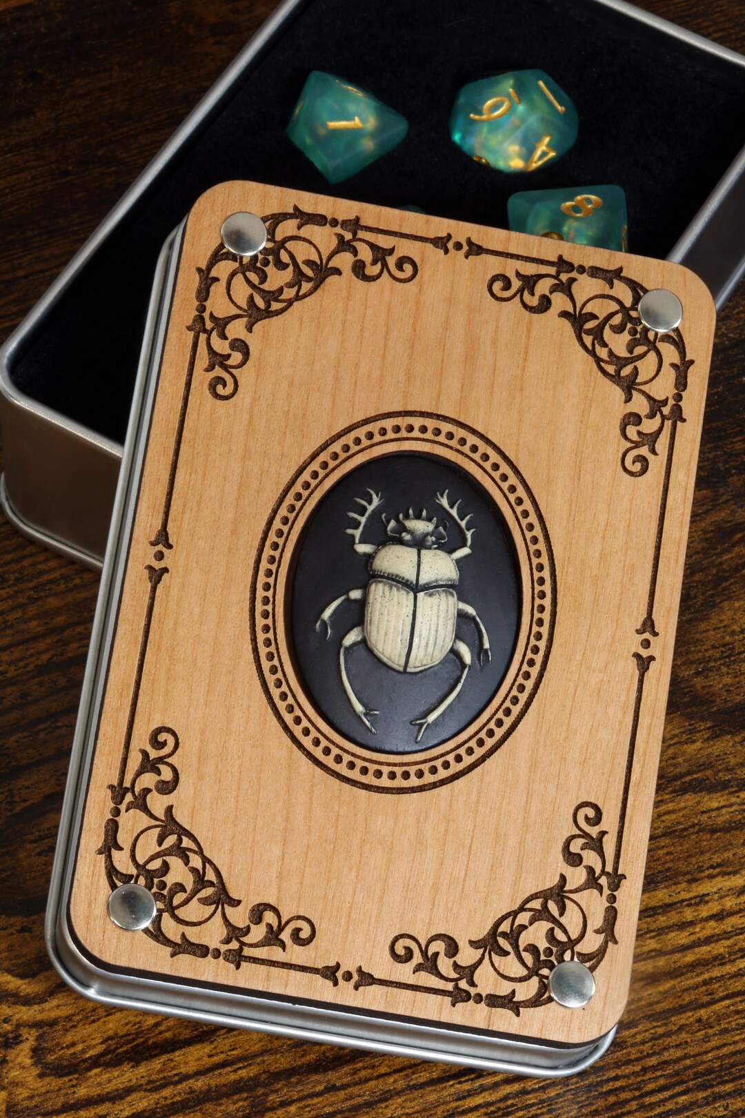 Scarab Beetle Dice Box and Leviathan's Soul Dice Set Seafoam Green