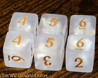 Paladin's Oath D6 - White Holographic inclusions DND Dice, Frosted Translucent with holo glitter, Dice set for DnD