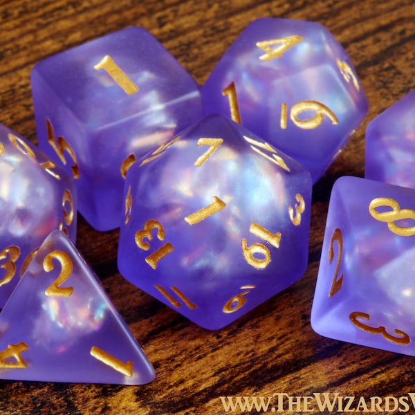 Mystic Soul Dice Set - Purple Holographic inclusions , Frosted Translucent with holo foil, Dungeons and dragons dice set