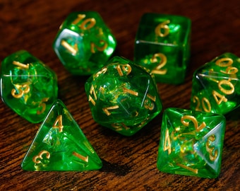 Sacred emerald opal Dice Set – Transparent green with Holographic Inclusions, TTRPG Game Kit for DnD and Role-Playing Games