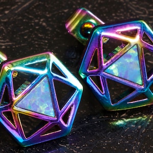 D20 Dice stud earrings, Dice earrings with opal and rainbow titanium metal finish, TTRPG jewelry,