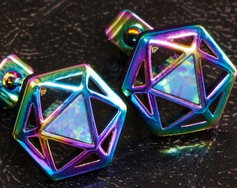 D20 Dice stud earrings, Dice earrings with opal and rainbow titanium metal finish, TTRPG jewelry,