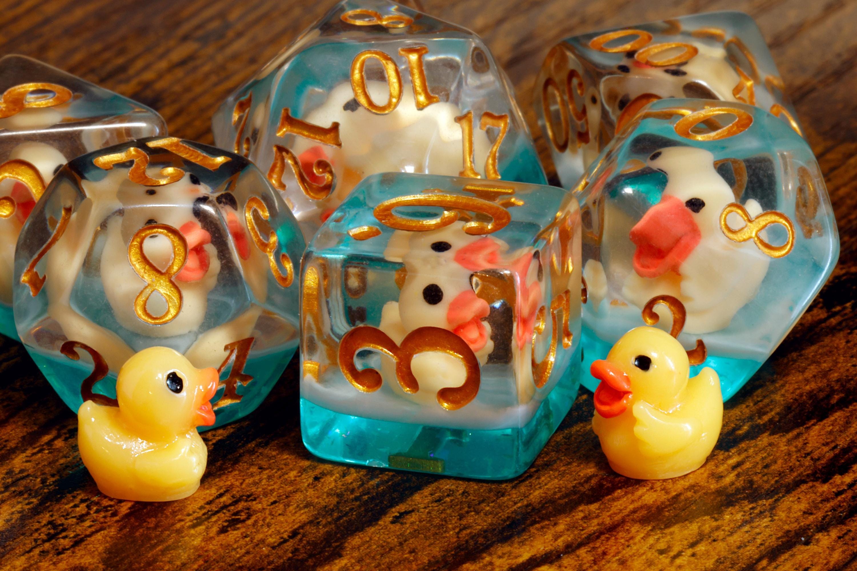 Yellow duck dice set, Polyhedral dice with yellow ducks inside, Role Playing game kit, Dungeons Dragons Pathfinder DnD RPG