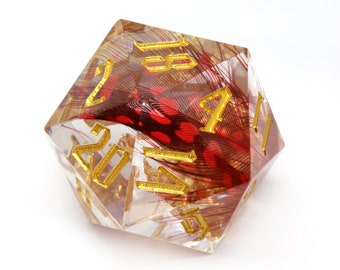 Phoenix Rising Chonk D20 Dice - Extra Large D20 - Red feather sharp edge dice set with gold flakes,  Dice for Tabletop rpg games, D&D