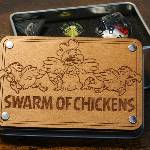 Swarm of Chickens box and dice set, Transparent with chicks, chicken and egg inside, dungeons and dragons, DND dice set, D&D
