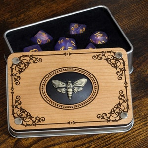 Death Moth Dice Box and Mystic Soul Dice Set - Purple Holographic inclusions , Frosted Translucent with holo foil, Dungeons and dragons