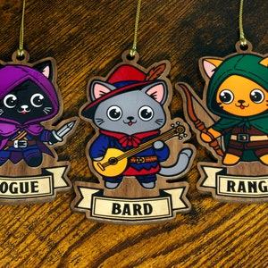 Rogue, Bard and Ranger Cat wood ornaments, DnD, TTRPG Home Decor, Christmas decoration