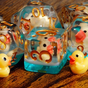 Yellow Duck Dice Set – Polyhedral Dice with Yellow Ducks Inside, Accessory for DnD and Role-Playing Games