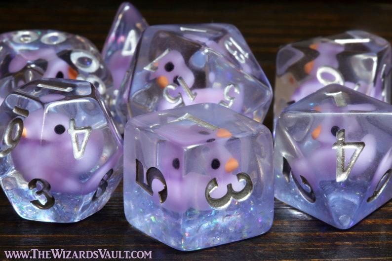 Ducklings of Doom dice set, Transparent with light purple duck inside, Role Playing games dice, dungeons and dragons, Exclusive set image 2