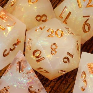 Angelic Radiance dice set TTRPG Game KIT - Milky off-white sharp edge dice set with holographic foil and copper flakes, TTRPG | Game Kit
