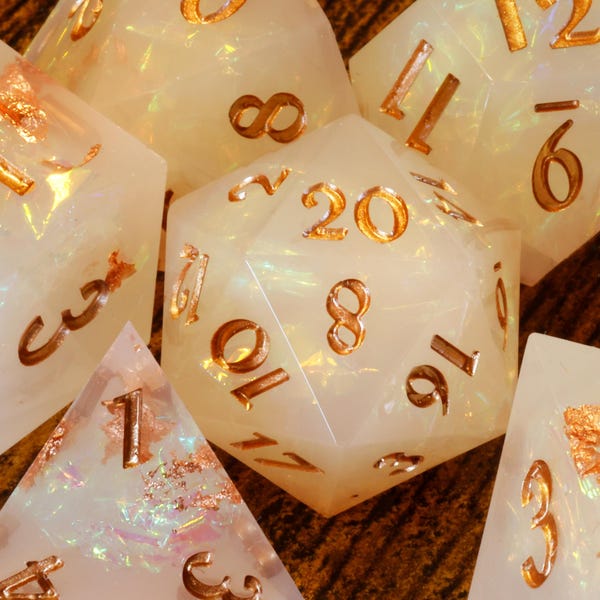 Angelic Radiance dice set TTRPG Game KIT - Milky off-white sharp edge dice set with holographic foil and copper flakes, TTRPG | Game Kit